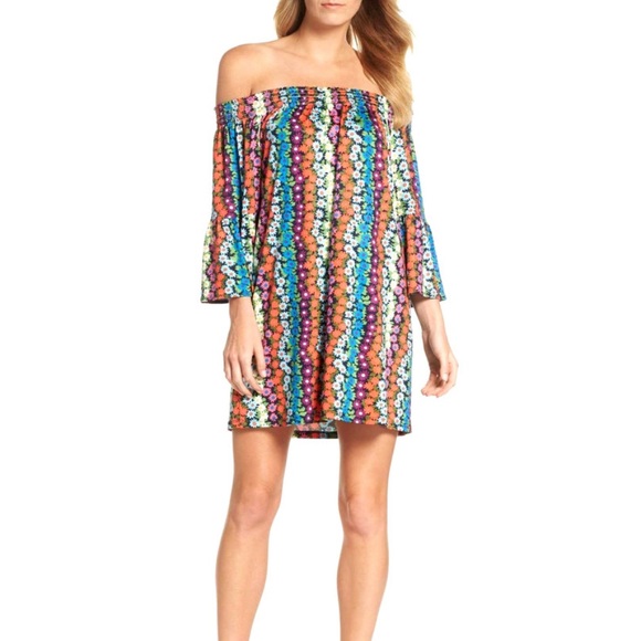 Trina Turk Daisy Floral Bell Sleeve Off the Shoulder Mini Swing Slip Dress - S - Picture 2 of 16